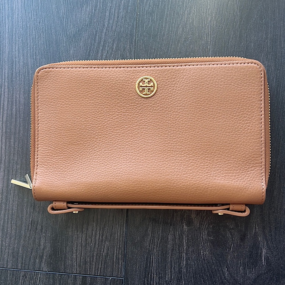 Tory Burch camel double pocket wallet